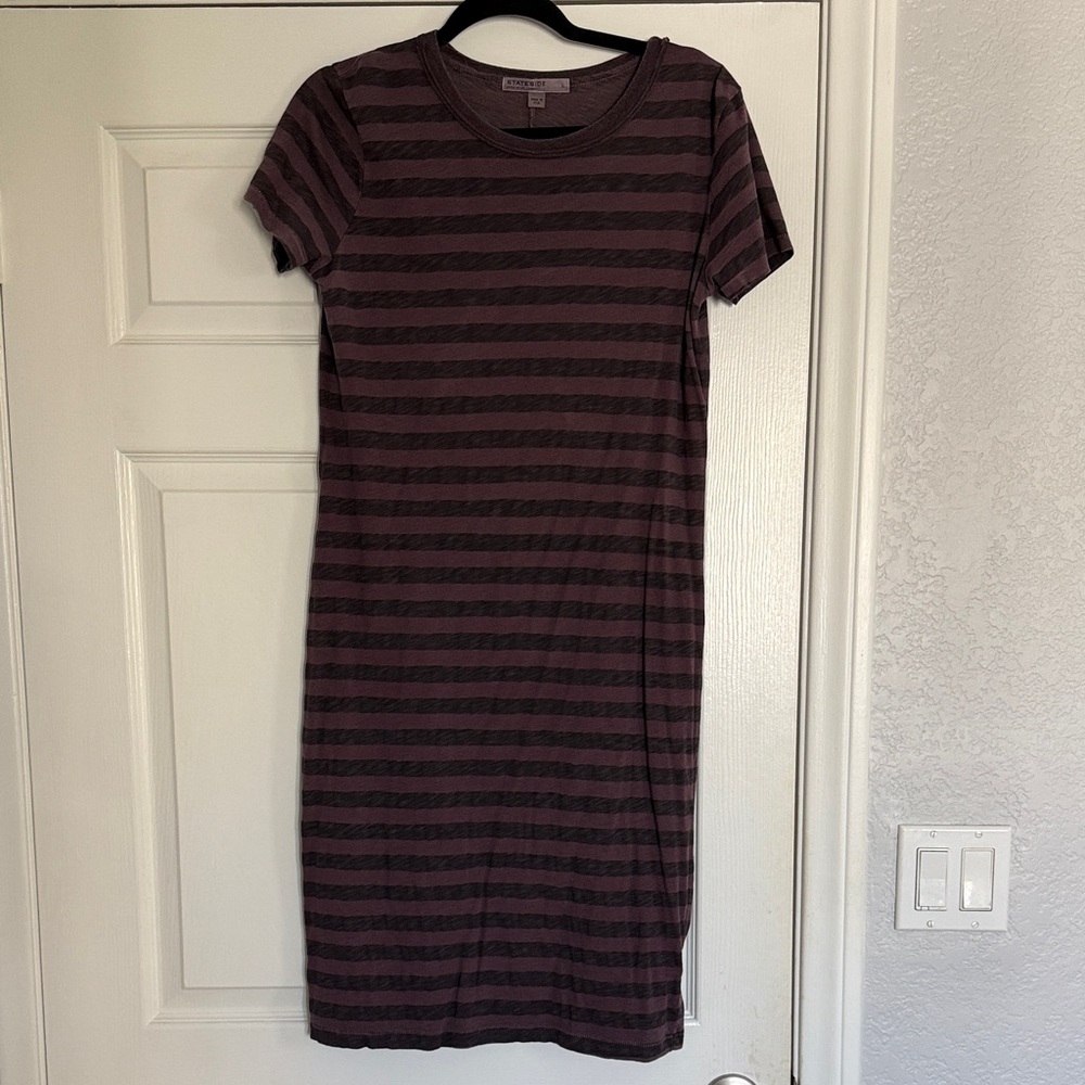 Stateside Burgundy and Black Striped Short Sleeve Midi Dress